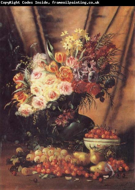 Modeste Carlier A Still life with Assorted Flowers,Cherries Pears and Quince
